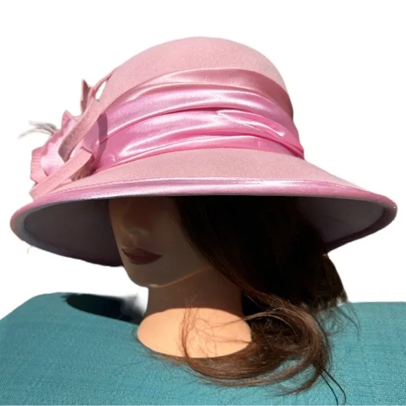 Something Special 100% Felt Pink Brim ribbon feathers Ladies Dress Hat Floral - Picture 8 of 12